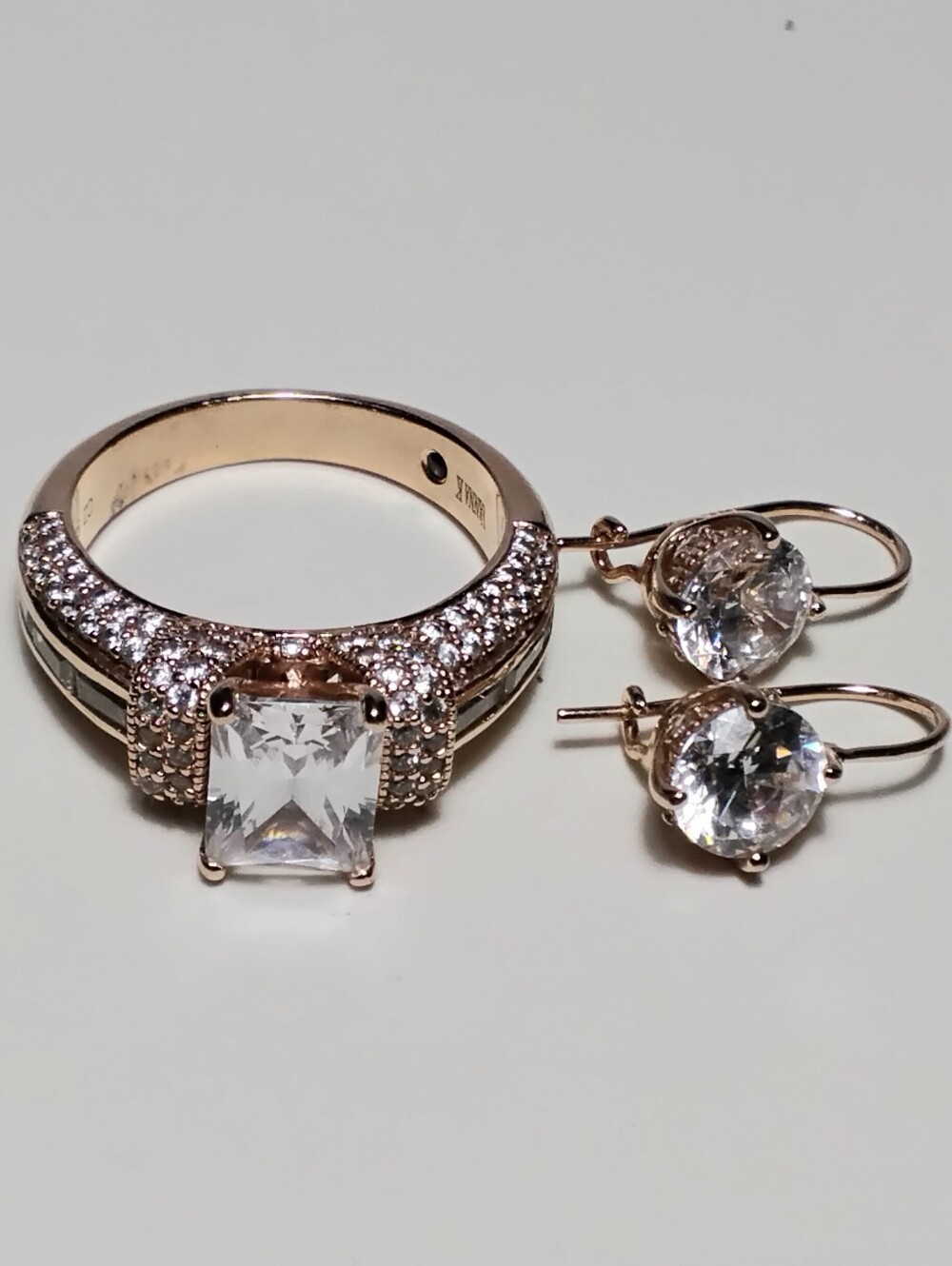 Vanna K Rose Gold 925 Silver Emerald Cut CZ Ring Sz 9 w/ Earrings Set